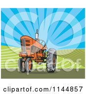 Clipart Of A Retro Orange Tractor In A Field 1 Royalty Free Vector Illustration