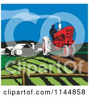 Clipart Of A Retro Farmer Operating A Tractor On A Field 2 Royalty Free Vector Illustration