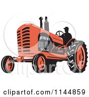 Clipart Of A Retro Silhouetted Farmer Operating A Red Tractor 2 Royalty Free Vector Illustration