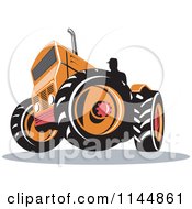 Clipart Of A Retro Silhouetted Farmer Operating An Orange Tractor Royalty Free Vector Illustration