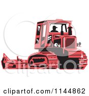 Clipart Of A Retro Silhouetted Farmer Operating A Steel Track Tractor Royalty Free Vector Illustration