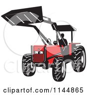 Clipart Of A Retro Silhouetted Farmer Operating A Loader Tractor Royalty Free Vector Illustration