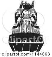 Clipart Of A Retro Black And White Farmer Operating A Loader Tractor Royalty Free Vector Illustration