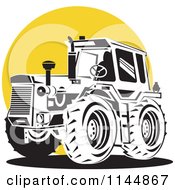 Clipart Of A Black And White Tractor Over A Yellow Circle Royalty Free Vector Illustration