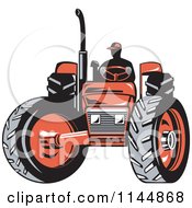 Clipart Of A Retro Silhouetted Farmer Operating A Red Tractor 1 Royalty Free Vector Illustration