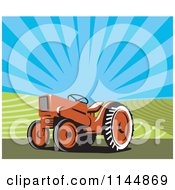 Clipart Of A Retro Orange Tractor In A Field 2 Royalty Free Vector Illustration