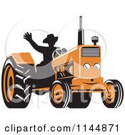 Poster, Art Print Of Retro Silhouetted Farmer Waving And Operating An Orange Tractor