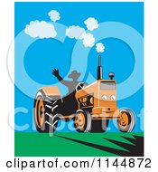 Poster, Art Print Of Retro Silhouetted Farmer Waving And Operating An Orange Tractor On A Field
