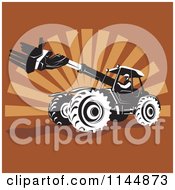 Poster, Art Print Of Retro Man Operating A Black And White Armed Tractor Over Brown Rays
