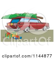 Poster, Art Print Of Retro Red Station Wagon With A Christmas Tree And Gifts