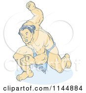 Clipart Of A Faded Sumo Wrestler Holding Up A Fist Royalty Free Vector Illustration by patrimonio