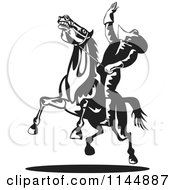 Poster, Art Print Of Retro Black And White Rodeo Cowboy On A Bucking Horse 1