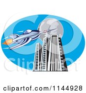 Poster, Art Print Of Retro Blue Space Rocket With Skyscrapers And A Full Moon