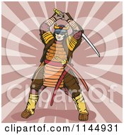 Clipart Of A Fighting Samurai Over Rays Royalty Free Vector Illustration