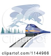 Poster, Art Print Of Retro Blue Train Near Mountains