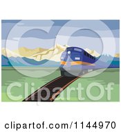 Clipart Of A Retro Blue Train In A Valley Royalty Free Vector Illustration