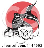 Poster, Art Print Of Retro Black And White Koi Fish Over A Red Circle