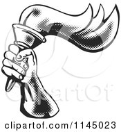 Clipart Of A Retro Black And White Halftone Hand Holding A Flaming Torch Royalty Free Vector Illustration by patrimonio
