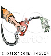 Clipart Of A Retro Mans Hand Holding A Gas Fuel Nozzle Spewing Cash Royalty Free Vector Illustration