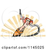 Clipart Of A Retro Mans Hand Holding A Gas Fuel Nozzle Over Rays Royalty Free Vector Illustration