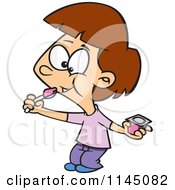 Cartoon Of A Happy Girl Eating Yogurt Royalty Free Vector Clipart