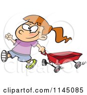 Poster, Art Print Of Happy Girl Pulling A Red Wagon