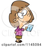 Cartoon Of A Sweet Girl Holding Out An Invitation Royalty Free Vector Clipart by toonaday