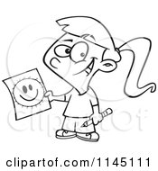Cartoon Clipart Of A Black And White Happy Girl Showing A Connect The Dots Smiley Face Vector Outlined Coloring Page by toonaday