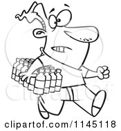 Cartoon Clipart Of A Black And White Man Carrying A Flat Of Bottled Water Vector Outlined Coloring Page