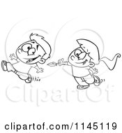 Cartoon Clipart Of A Black And White Girl Chasing A Boy To Tickle Him With A Feather Vector Outlined Coloring Page by toonaday