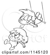 Cartoon Clipart Of A Black And White Boy And Girl On A Trapeze Vector Outlined Coloring Page