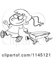 Cartoon Clipart Of A Black And White Happy Girl Pulling A Wagon Vector Outlined Coloring Page by toonaday