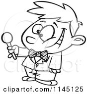 Cartoon Clipart Of An Interviewing Boy Holding Out A Microphone Vector Outlined Coloring Page by toonaday