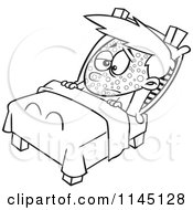 Cartoon Clipart Of A Black And White Boy Sick With Measles Resting In Bed Vector Outlined Coloring Page