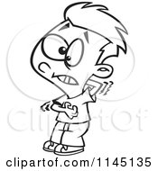 Cartoon Clipart Of A Black And White Itchy Boy Scratching His Chest And Back Vector Outlined Coloring Page