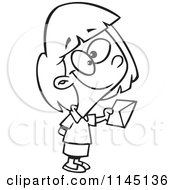 Cartoon Clipart Of A Black And White Sweet Girl Holding Out An Invitation Vector Outlined Coloring Page by toonaday