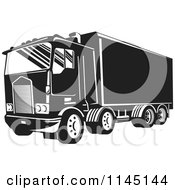 Clipart Of A Retro Black And White Big Rig Truck 3 Royalty Free Vector Illustration