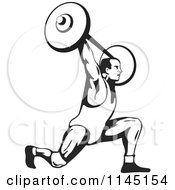 Poster, Art Print Of Retro Black And White Bodybuilder Doing Lunges With A Barbell