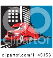 Poster, Art Print Of Retro Red Big Rig Truck In A City
