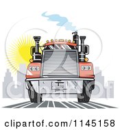 Retro Orange Big Rig Truck Leaving A City