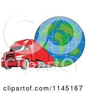 Poster, Art Print Of Retro Red Big Rig Truck And Globe 2