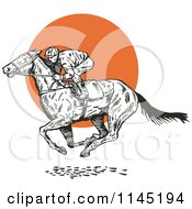 Poster, Art Print Of Black And White Derby Horse Race Jockey Over An Orange Circle