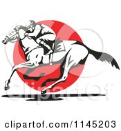 Poster, Art Print Of Black And White Derby Jockey Racing A Horse Over A Red Circle