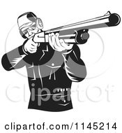 Poster, Art Print Of Retro Black And White Hunter Holding A Rifle 1