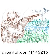Poster, Art Print Of Engraved Hunter Aiming At Ducks Over A Lake