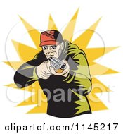 Poster, Art Print Of Retro Hunter Holding A Double Barrel Rifle Over A Burst