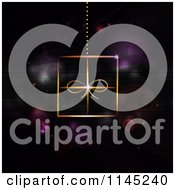 Clipart Of A Gold Neon Christmas Gift Suspended Over Purple Flares Royalty Free Vector Illustration