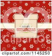 Clipart Of A Retro Merry Christmas Gift Label Over Red Snowflakes Royalty Free Vector Illustration