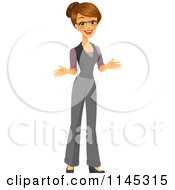 Poster, Art Print Of Happy Brunette Businesswoman Gesturing And Talking