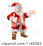Cartoon Of Santa Waving And Holding A Thumb Up Royalty Free Vector Clipart